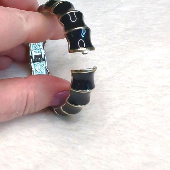 Sequin Brand Black and Gold Bamboo Motif Enameled Hinged Bracelet - Picture 2 of 8